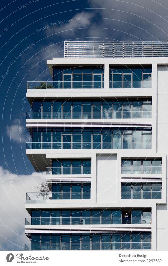 Apartment house with a lot of glass with terraces Berlin Germany Europe Capital city Downtown High-rise Architecture Tower block Facade Glass Blue Insight