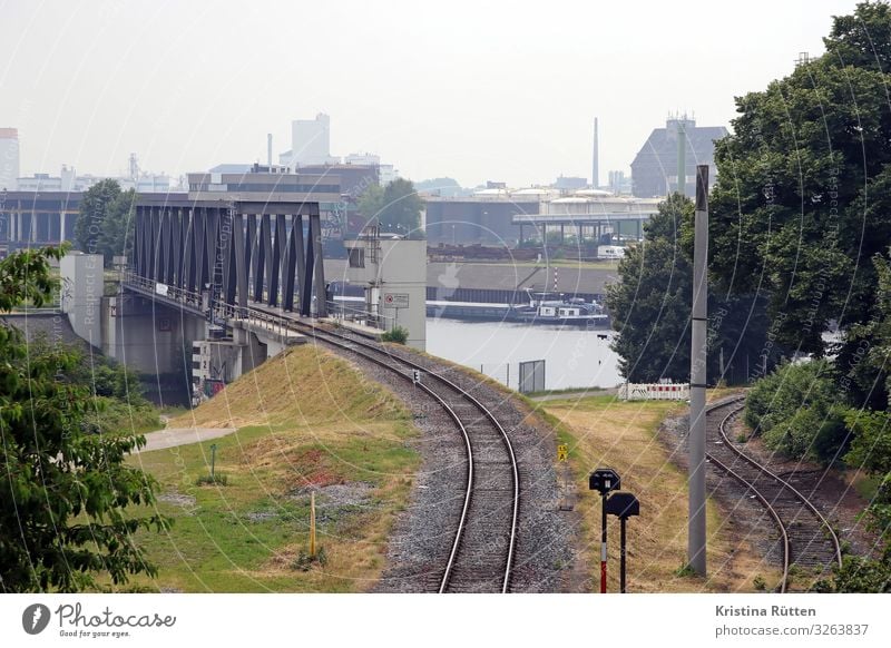 harbour view Industry Logistics Neuss district Harbour Bridge Transport Navigation Container ship Rail transport Railroad tracks railway tracks rails port area