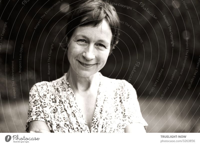 Friendly woman in summer dress (b/w Analog KB) Joy Happy Healthy Athletic Wellness Life Harmonious Well-being Contentment Senses Relaxation Leisure and hobbies