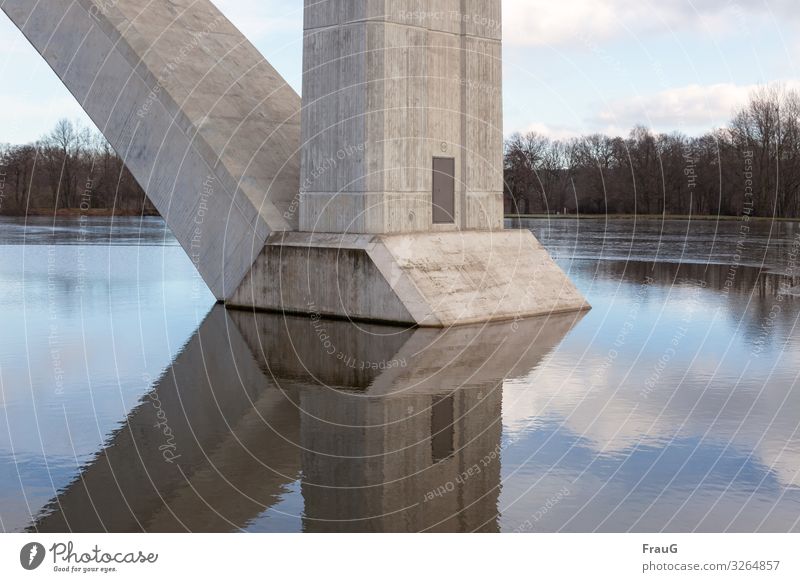 Built in water Water Winter Lake Bridge Bridge pier motorway bridge Concrete Unwavering Reflection Firm Colour photo Exterior shot