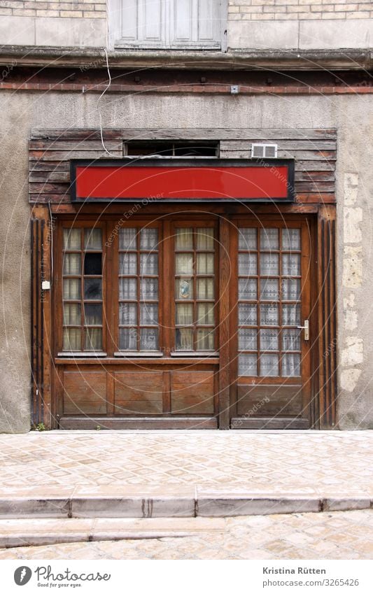 red and empty Deserted Architecture Facade Window Door Wood Old Retro Red End Roadhouse Restaurant Sidewalk café Uninhabited Empty Vacancy Insolvency Curtain