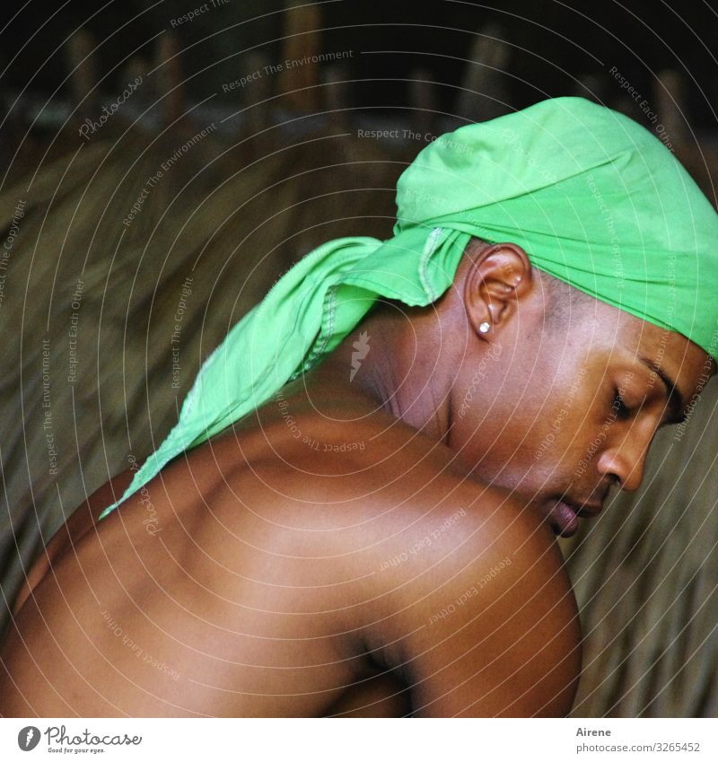 rest Masculine Man Head Upper body Headscarf Sleep Dream Exotic pretty Muscular Naked naturally Brown Green Force Calm Concentrate Interior shot