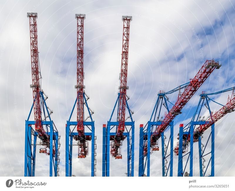 quay cranes Logistics Port City Harbour Transport Tall caicrane loading crane Crane Container terminal Port of Hamburg seaport Germany industrial harbour