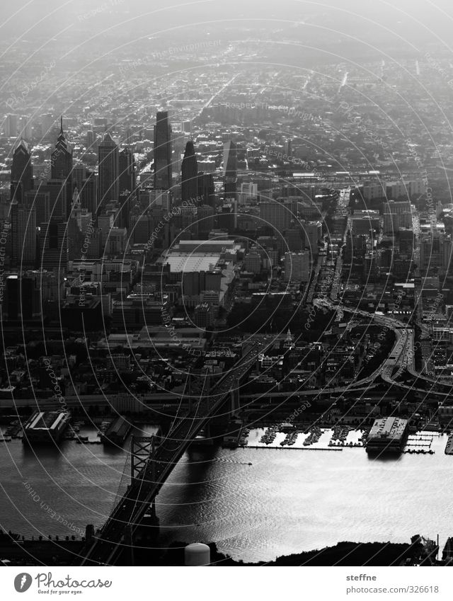 The Streets of Philadelphia River Delaware USA Town Downtown Skyline Populated High-rise Bridge Esthetic Black & white photo Exterior shot Bird's-eye view