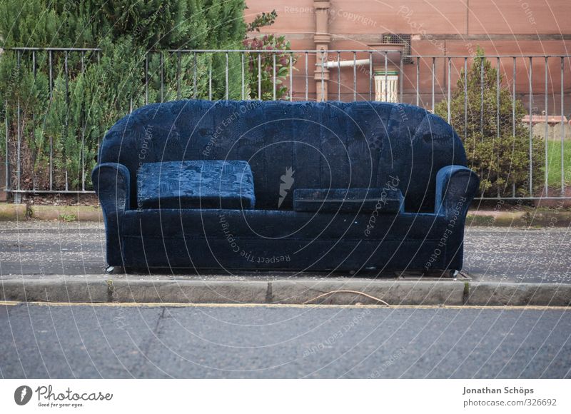 seating Glasgow Exceptional Funny Sofa Street Exterior shot Empty Bulk rubbish Sit Seating Lounge suite Blue Footpath Sidewalk Fence Fill Relaxation Restful