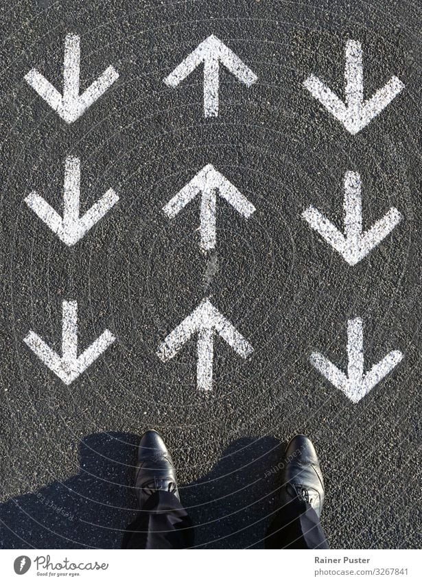 Find the way Economy Business Career Success Masculine Feet Downtown Street Uniqueness Gray Black White Self-confident Willpower Horizon Innovative Change