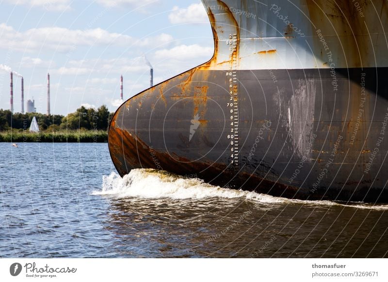 Bow of ship, container ship Industry Trade Sky Clouds Horizon Beautiful weather Coast Baltic Sea Ocean Navigation Container ship Driving Threat Large Climate