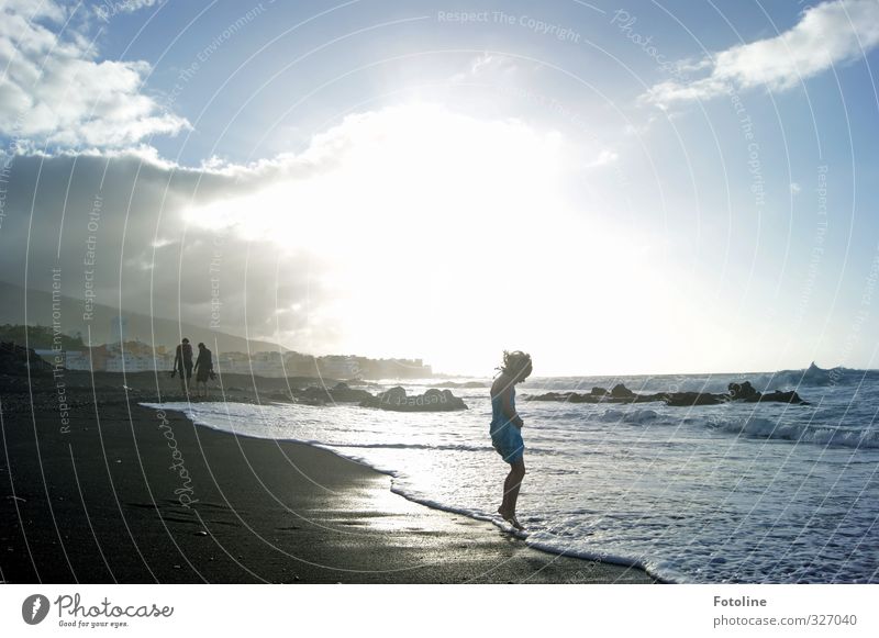 holiday fun Human being Feminine Child Girl Infancy Environment Nature Landscape Elements Earth Water Sky Clouds Sun Summer Waves Coast Beach Ocean Hot Bright