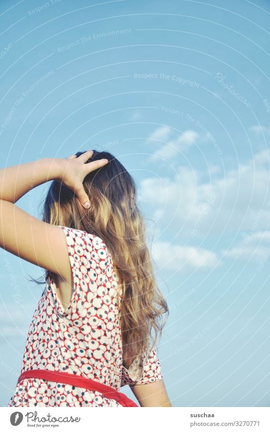 summer day (3) Child Girl Feminine Freedom Playing Joy Good mood Summery Dress Hair and hairstyles Sky Infancy Light heartedness Retro Sunlight Warmth Rear view