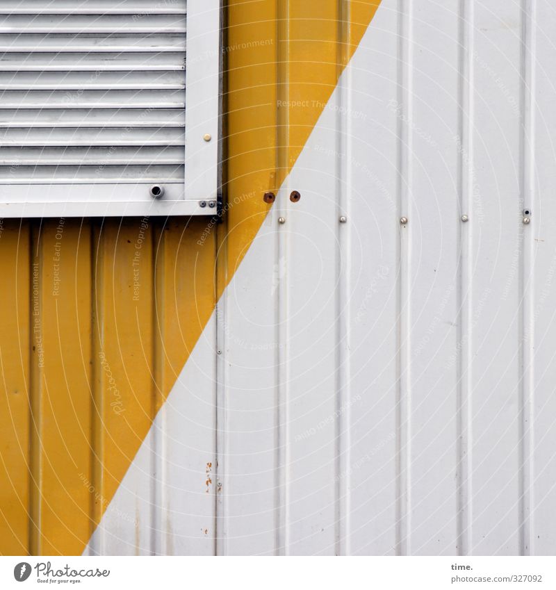 Corner Flank Off Hut Wall (barrier) Wall (building) Facade Window Roller shutter Venetian blinds Metal Plastic Sharp-edged Trashy Town Yellow White Design