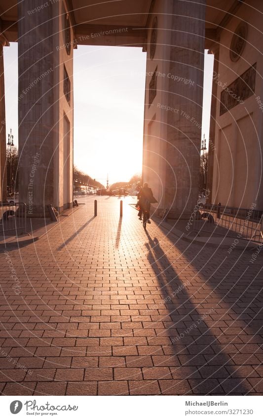 Brandenburg Gate at sunset with anonymous cyclist Life Berlin Tourist Attraction Landmark Bicycle Driving Germany City Back-light Column Transport Cycling