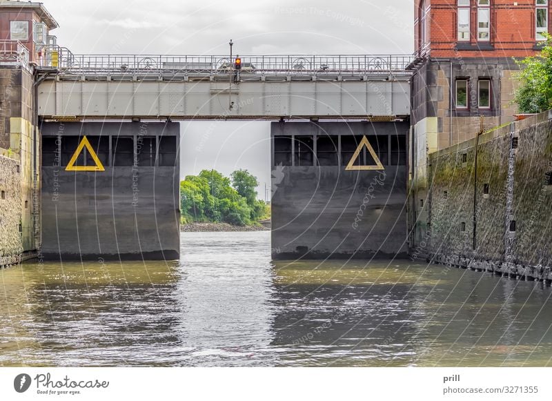 sluice around Port of Hamburg Water Brook River Port City Harbour Bridge Gate Manmade structures Building Architecture Wall (barrier) Wall (building) Authentic