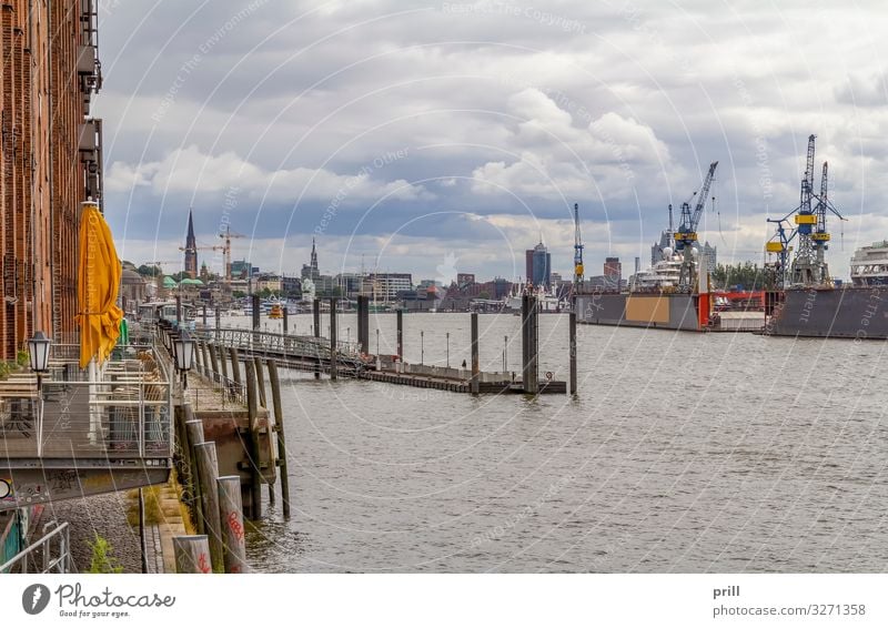 around Port of Hamburg Water Coast Brook River Town Port City Harbour Manmade structures Building Architecture Transport Logistics seaport Elbe voyage Germany