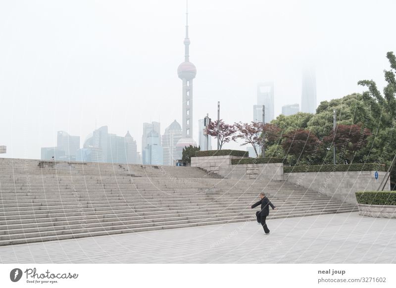 chief samurai Life Meditation Yoga Tai Chi Masculine Man Adults 1 Human being Park Shanghai China Stairs Oriental Pearl Tower Concrete Movement Relaxation