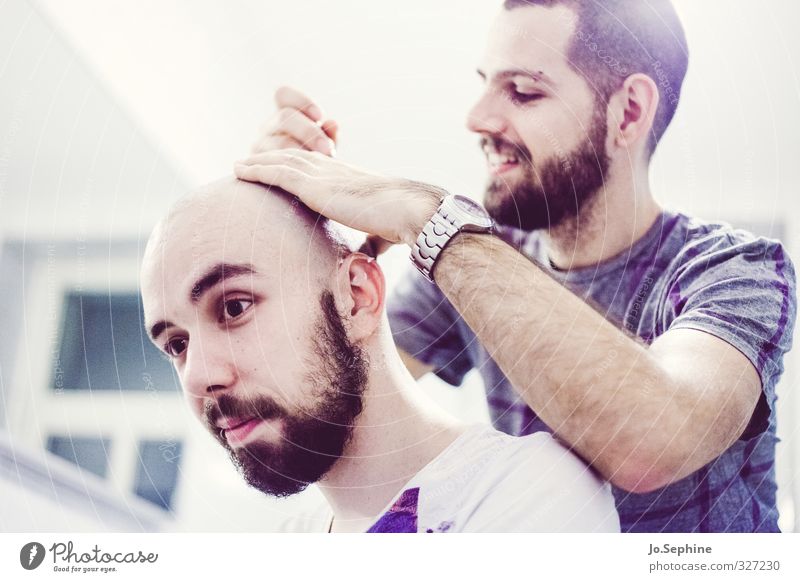 a sadness runs through him Hairdressing Personal hygiene Shaving Attachment Solidarity helping Friendship Trust Together Human being Adults Young man