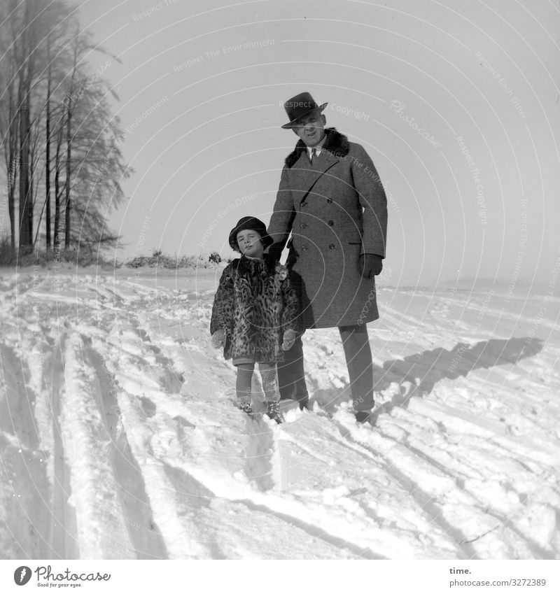 winter sun Masculine Child Man Adults Father 2 Human being Environment Nature Landscape Sky Winter Beautiful weather Snow Harz Coat Hat Touch Looking Stand