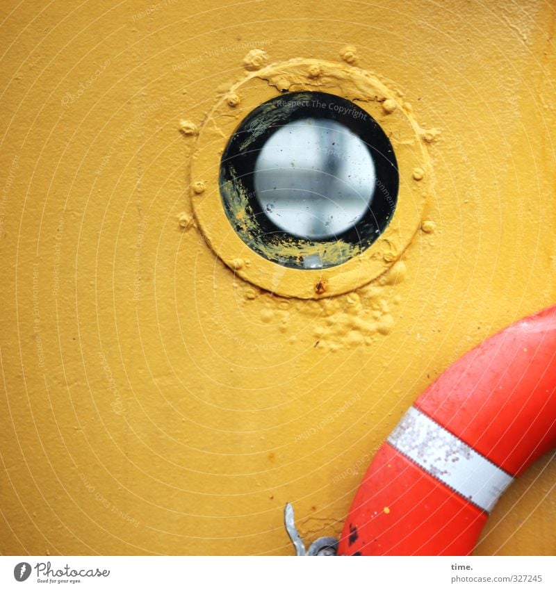 Rømø | View through Navigation Inland navigation Fishing boat Porthole Life belt Maritime Varnished Spar varnish Ship's side Glass Metal Plastic Old Historic