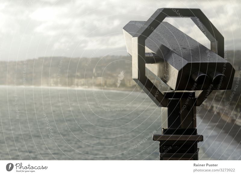 Binoculars with the coast of Nice in the background Sightseeing City trip Beach Ocean Horizon Beautiful weather Rain Waves Outskirts Tourist Attraction Infinity