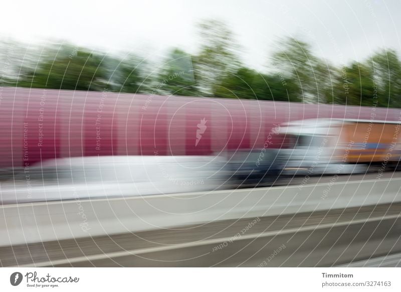 intercourse Logistics Transport Road traffic Highway Vehicle Car Truck Driving Speed Gray Green Red White Movement Colour photo Exterior shot Deserted Day