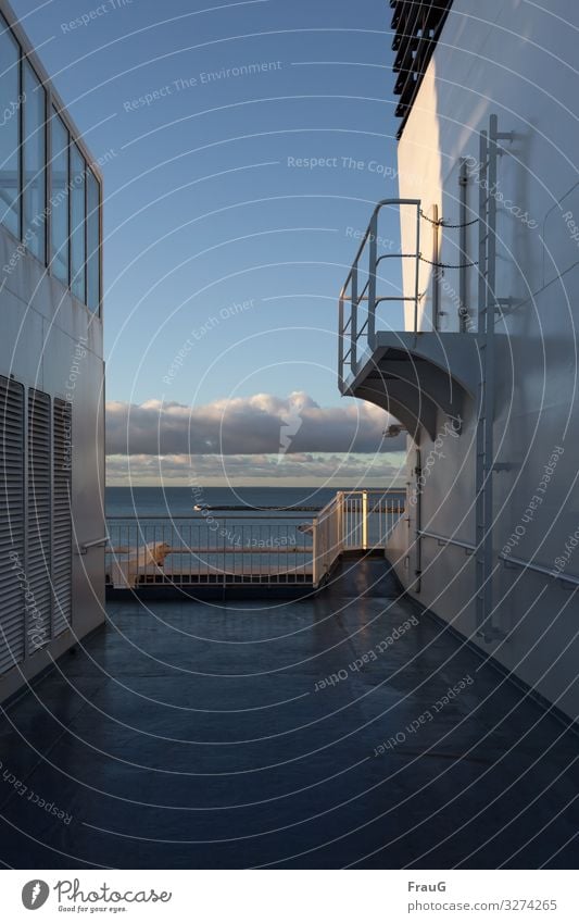 on the ferry ship Navigation Ferry Crossing Baltic Sea Ocean Watercraft Railing On board Deck Vacation & Travel Mole Sky Clouds cloud bank Light Sunlight Shadow