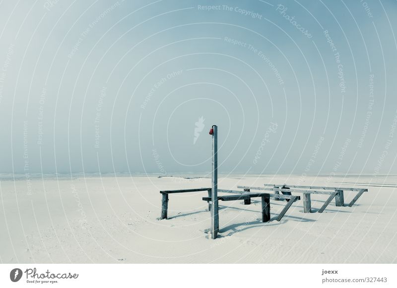 beach bar Landscape Cloudless sky Horizon Beautiful weather Coast Beach Island Amrum Sand Wood Old Blue Brown Black White Calm Loneliness Surrealism Environment