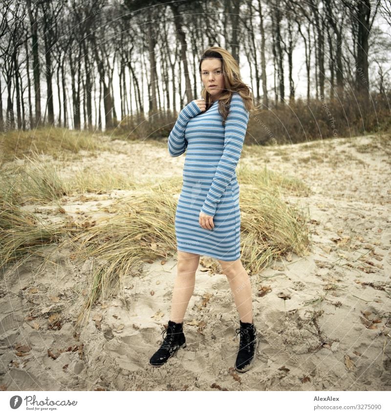 Young woman standing on a dune on the beach Style Joy Beautiful Life Trip Adventure Youth (Young adults) Adults 18 - 30 years Landscape Beautiful weather Tree