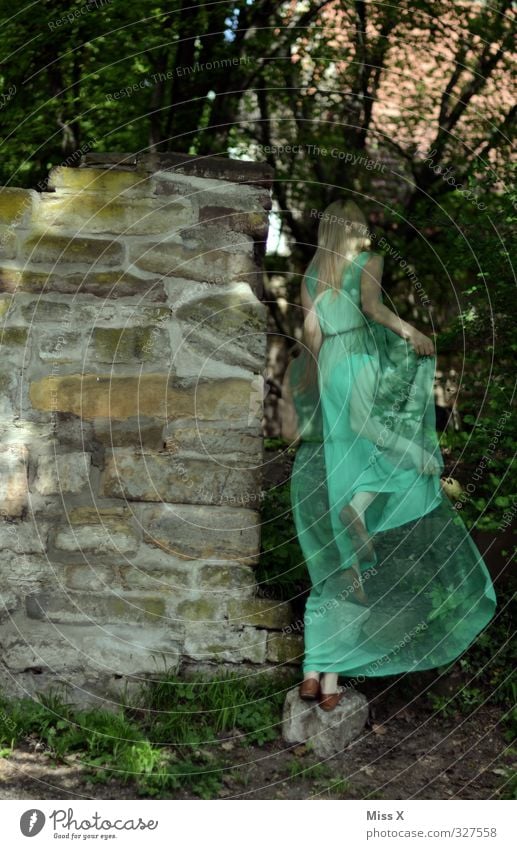 forest spirit Human being Feminine Woman Adults 1 18 - 30 years Youth (Young adults) Tree Forest Castle Ruin Wall (barrier) Wall (building) Walking Green Moody