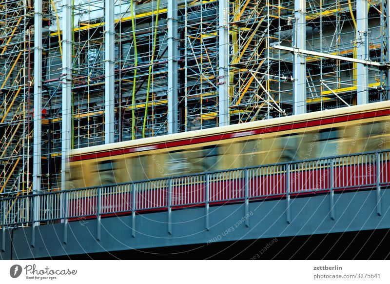 S-Bahn in front of the Pergamonmuseum Architecture Scaffold Construction site Berlin City Germany Twilight Scaffolding Capital city