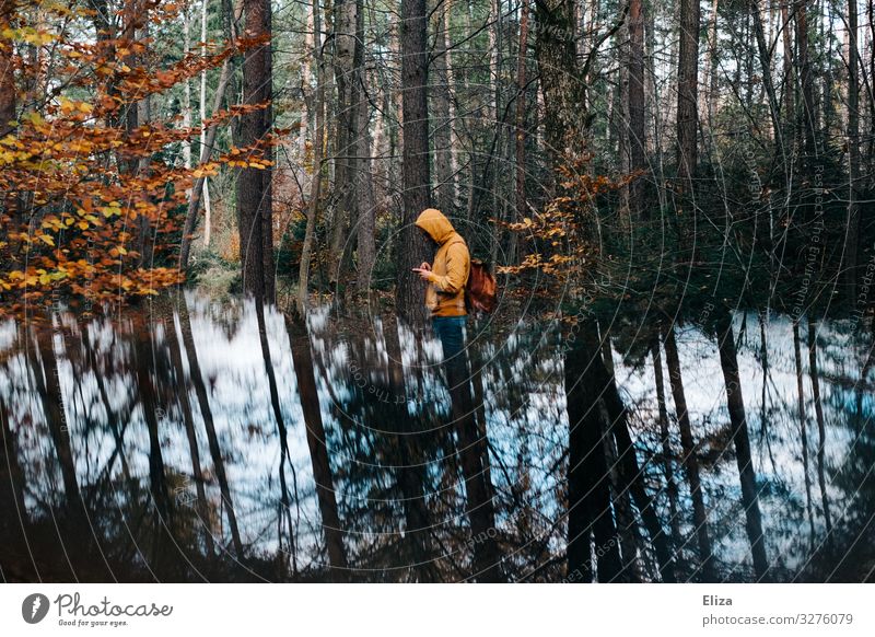 lost Human being Masculine 1 Surrealism Reflection PDA Forest Nature Search Doomed Lost Loneliness Backpack Hiking Lanes & trails Tree Colour photo