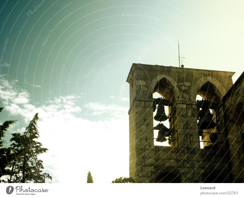 bell tower Church spire Bell Religion and faith Antenna Tree Clouds Sunrise Italy Europe Belfry Sky House of worship Tower Back lightning arrester church cloud