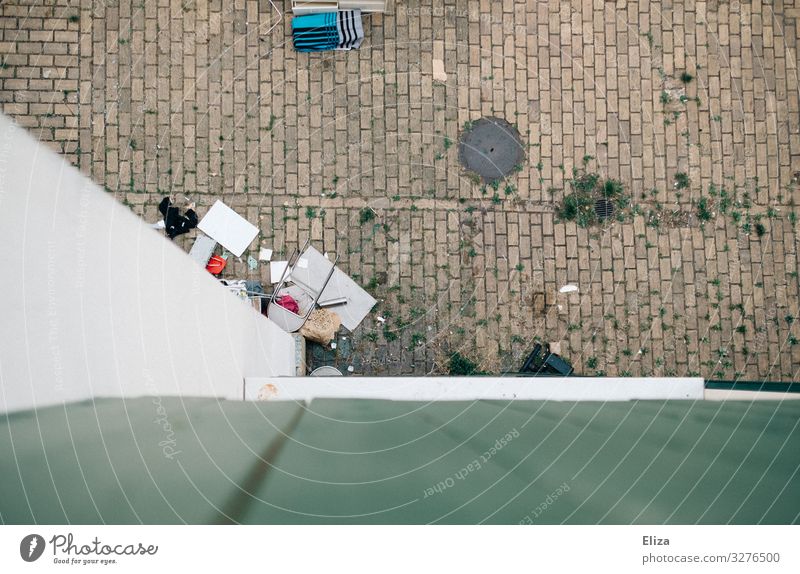 Fully stuffed Trash Chaos Bulk rubbish Backyard Courtyard Untidy Dirty filled up Waste management Colour photo Subdued colour Exterior shot Deserted