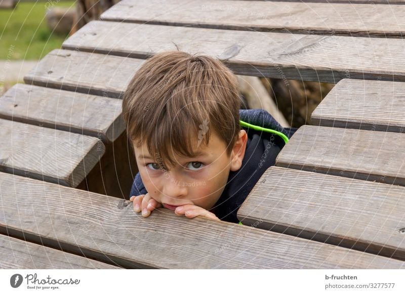 Child on playground Leisure and hobbies Playing Vacation & Travel Boy (child) Face 1 Human being 8 - 13 years Infancy Discover Looking Playground Wood Window