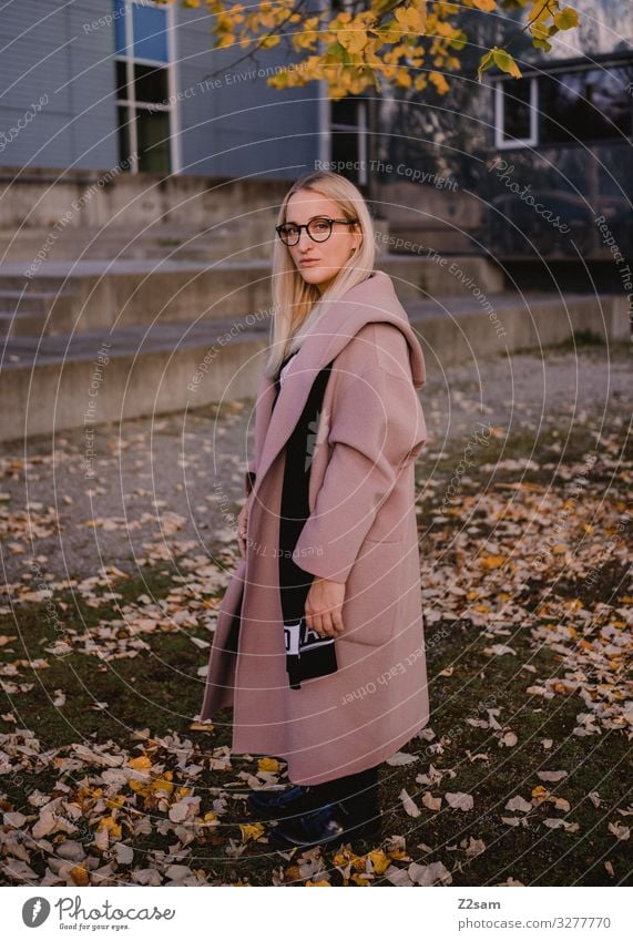 L. Lifestyle Elegant Style Feminine Young woman Youth (Young adults) 18 - 30 years Adults Nature Landscape Autumn Bushes Leaf Park Fashion Coat Eyeglasses