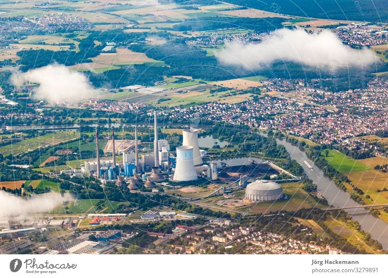 aerial of powerstation in Grosskrotzenburg, Main river Technology Landscape River Village Chimney Transport Aircraft Flying Energy Station coal fired