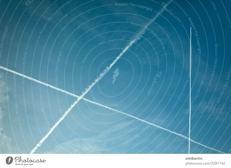 air traffic Vapor trail Carbon dioxide Triangle Aviation Airplane Worm's-eye view Sky Heaven Climate Climate change Vacation & Travel Travel photography Clouds