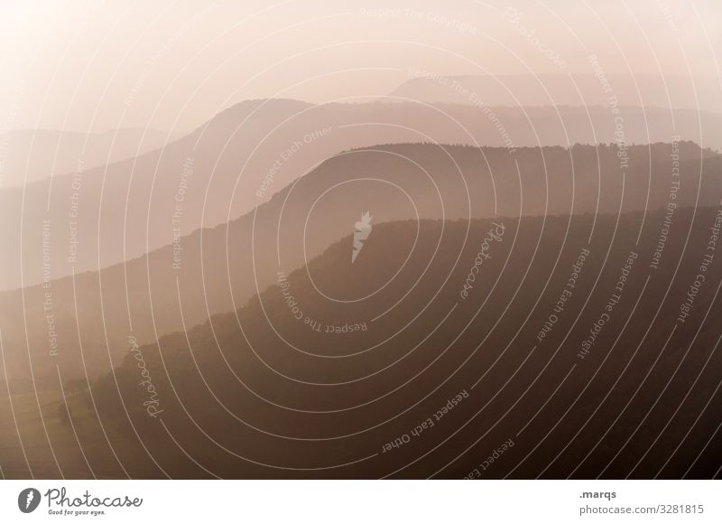 Hill in the fog in the evening light Nature hillock Vantage point Haze Dusk Twilight Sky Cloudless sky Landscape Beautiful weather Moody Relaxation