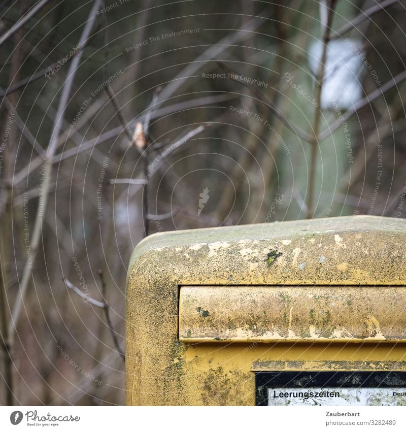 Emptying times Mail Print media Letter (Mail) Mailbox Write Dirty Retro Gloomy Yellow Friendship Idyll Logistics Transience Flap Subdued colour Exterior shot