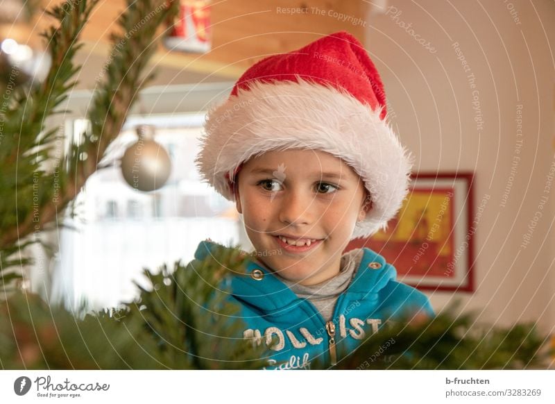 Christmas joy Feasts & Celebrations Christmas & Advent New Year's Eve Child Boy (child) Face 1 Human being Tree Sweater Jacket Cap Sign Glittering Smiling