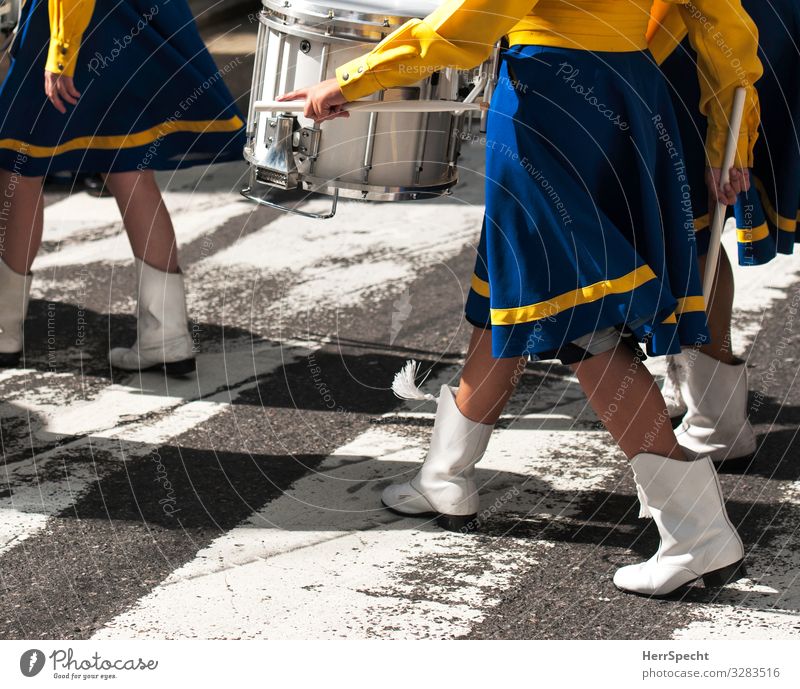 Marching band - Detail view Chapel Band Music Musician Skirt costume Uniform Drum Drum set Zebra crossing Movement Musical instrument Rhythm Exterior shot