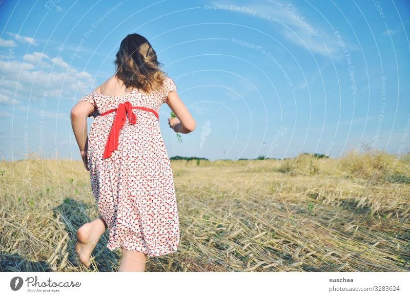 run baby run... Child Girl Feminine Freedom Playing Joy Good mood Summery Dress Hair and hairstyles Sky Straw Field Infancy Happiness Light heartedness Retro