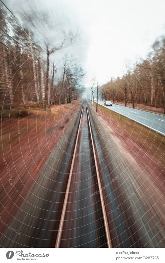 On the way with the Rasenden Roland on Rügen Wide angle Central perspective motion blur Copy Space middle Day blurriness Copy Space bottom Copy Space top