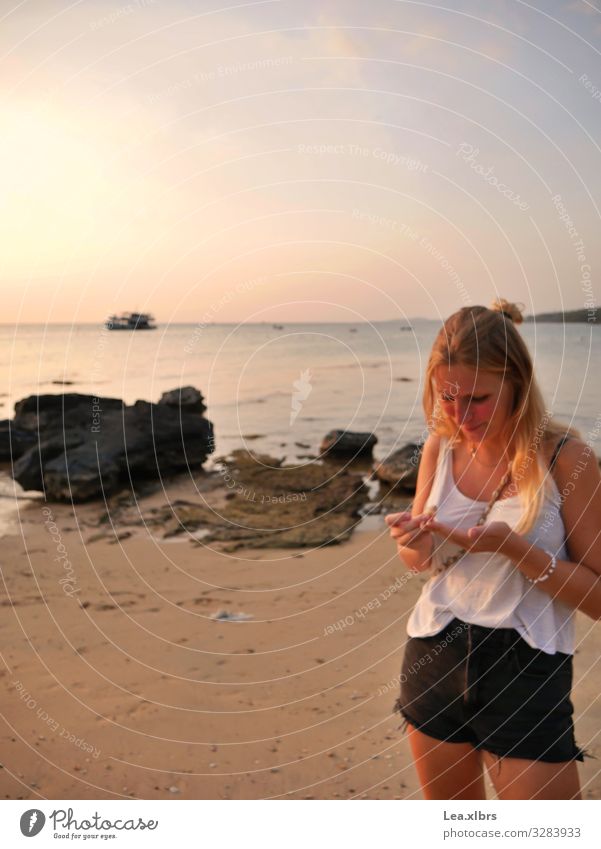 sandpiper Human being Feminine Woman Adults Life 1 18 - 30 years Youth (Young adults) Sand Water Sky Horizon Sun Sunrise Sunset Waves Coast Beach Bay Ocean