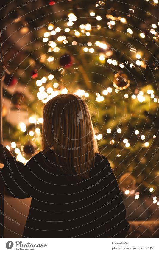 Anticipation | Christmas Eve - Child stands in awe before a decorated Christmas tree Toddler Giving of gifts Joy Emotions Christmas & Advent warm Gold