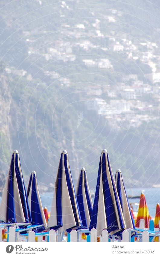 waiting position Vacation & Travel Freedom Summer Summer vacation Sun Sunbathing Beach Ocean Coast Positano Italy Hiking Bright Blue White Sunshade Deckchair