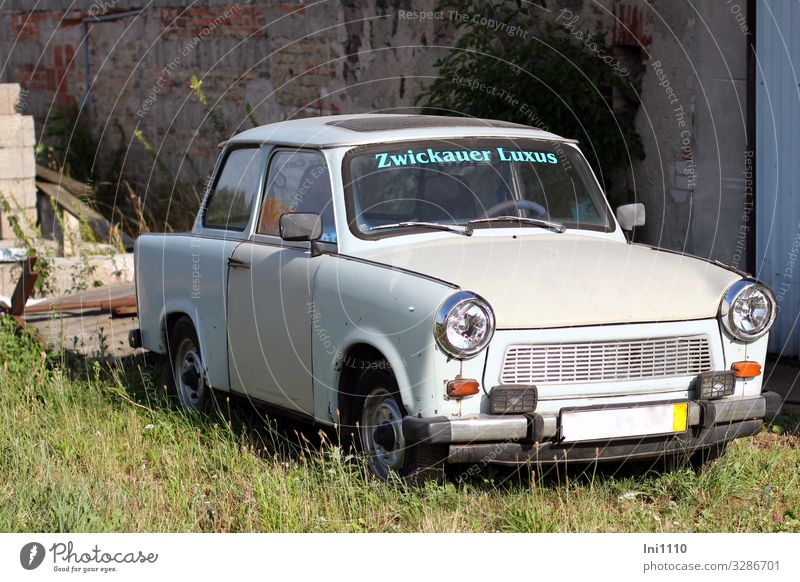 Trabbi Glass Metal Plastic Gray Green Black White Car Nostalgia Tourist Attraction Memory GDR Iconic Sun roof Subdued colour Exterior shot Detail Deserted