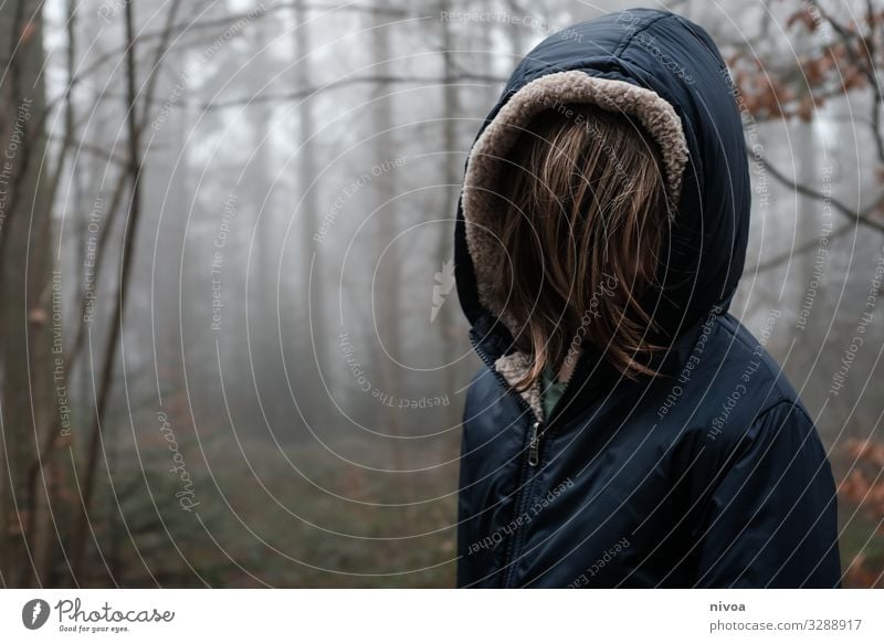 Boy in the cloud forest boys Boy (child) Infancy Child Exterior shot Playing Family Fog Forest Winter Hooded (clothing) winter jacket Lifestyle luck