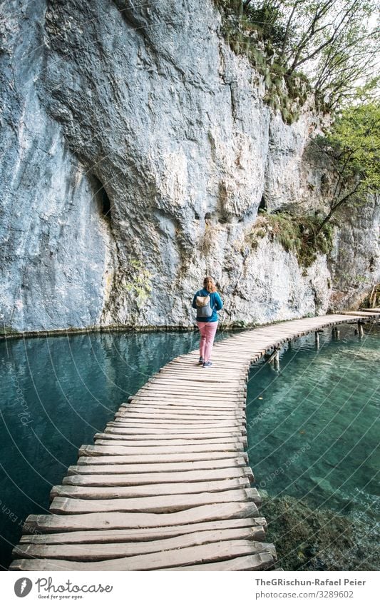 Plitvice lakes Nature Blue Turquoise White Footbridge Walking Woman Rock National Park Croatia Famousness Lake clear water Water Tourism Winnetou Plitvice Lakes