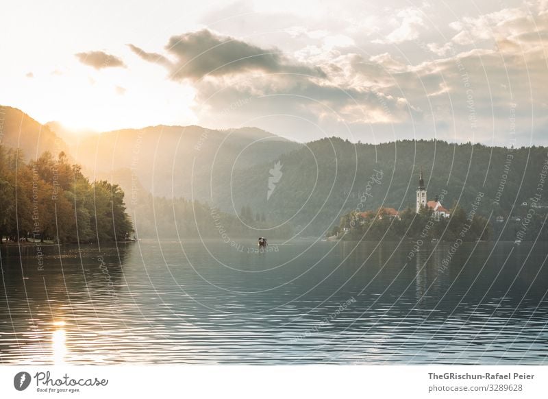 Lake Bled Environment Nature Yellow Gold White Slovenia lake bled Water Back-light Sunset Coast Island Watercraft Tourism Travel photography Colour photo