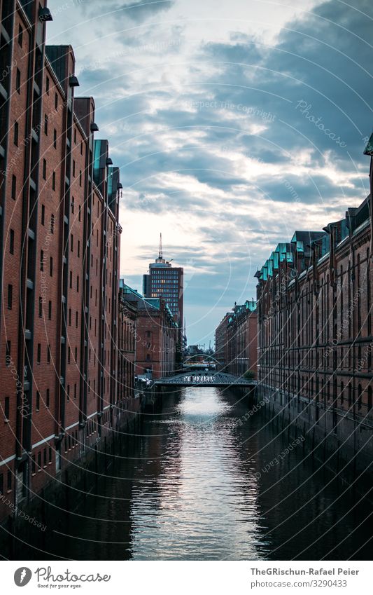 warehouse district Town Blue Orange Black Old warehouse district Hamburg Water Moody Germany Colour photo Exterior shot Deserted Copy Space bottom Twilight