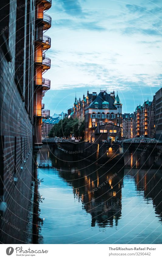 HAMBURG Town Blue Hamburg Light Reflection Germany Water Sky Moody Architecture Old warehouse district Colour photo Exterior shot Deserted Copy Space bottom